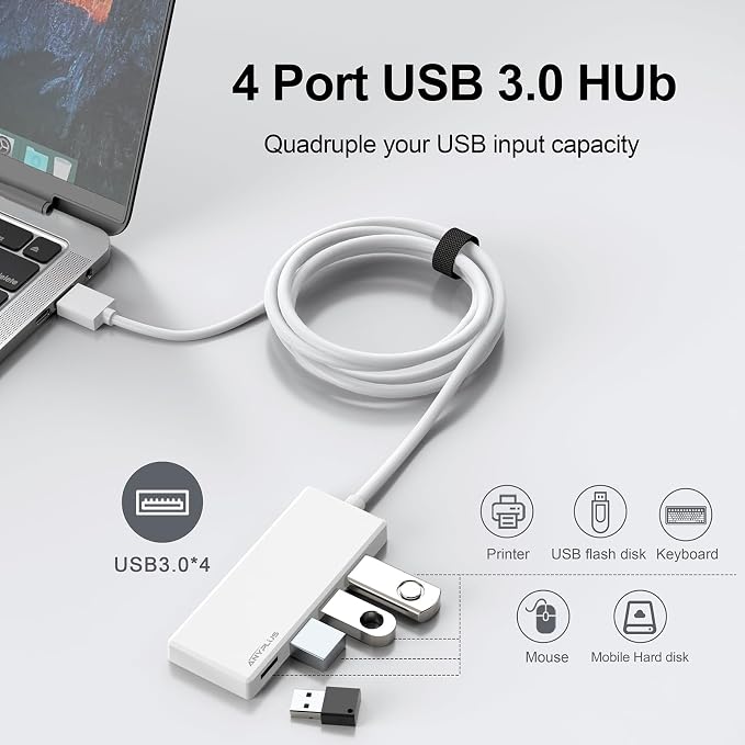USB Hub, 2 ft Long Cable USB 3.0 Hub, USB Extender - Image 2
