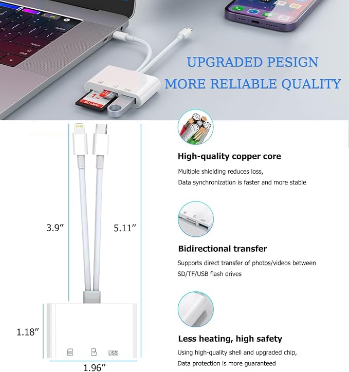 SD Card Reader for iPhone, USB C and Lightning Dual Port SD Card Adapter - Image 6