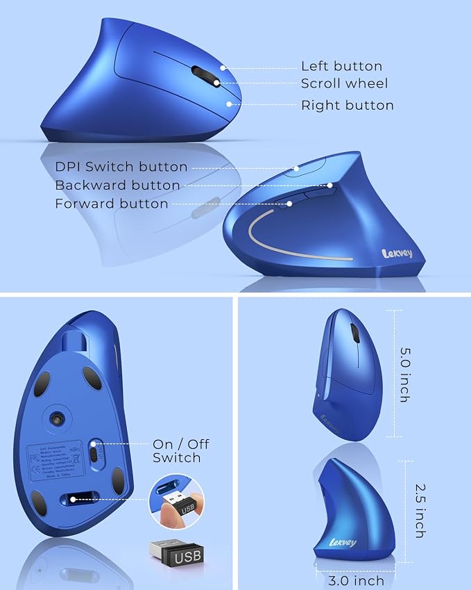 Lekvey Ergonomic Mouse, Vertical Wireless Mouse Rechargeable 2.4G USB Optical - Image 6