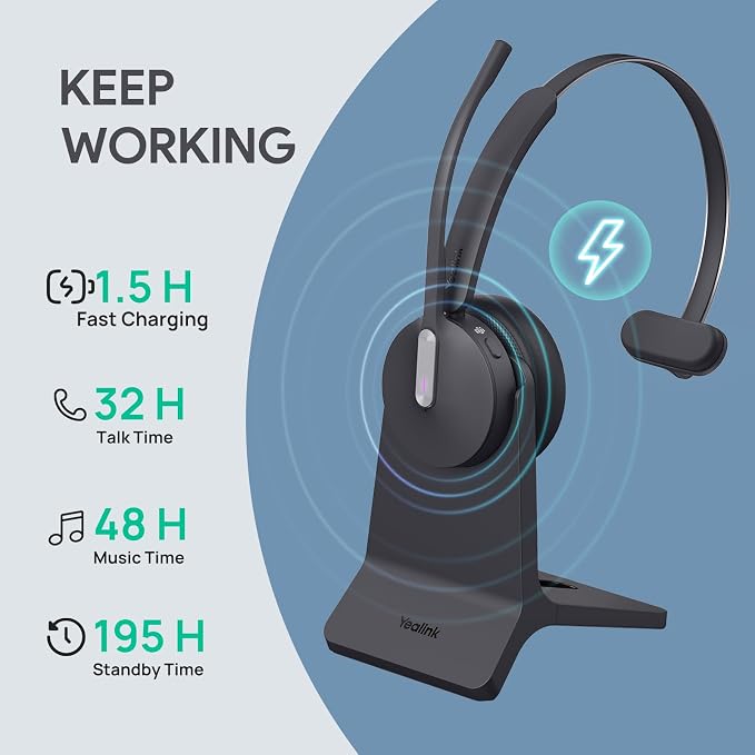 Yealink WH64 Hybrid Wireless Headset Dongle & Charging Stand, 492ft Range - Image 3