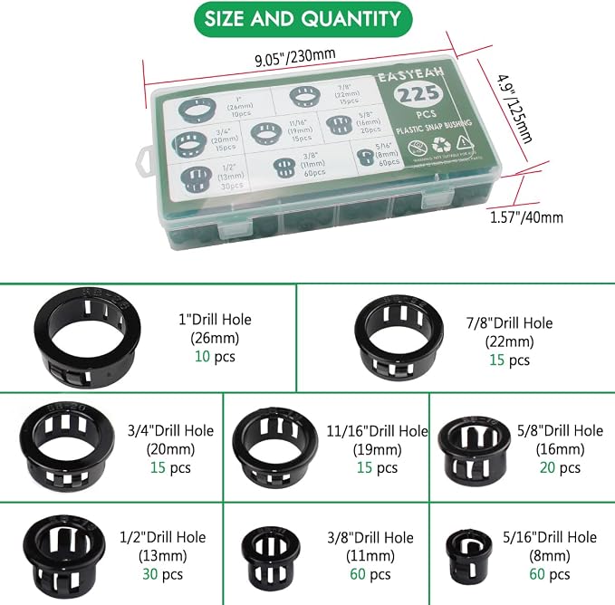 225 Pcs 8 Sizes Cable Snap-in Knockout Insulating Bushing Grommets Assortment - Image 3