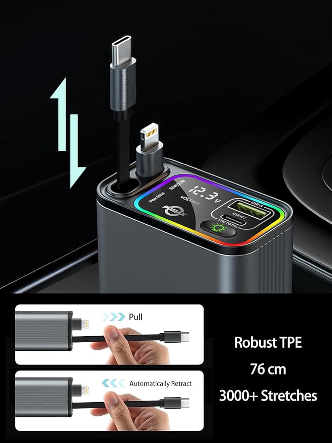 Retractable Car Charger USB C, 107W Type C Car Charger Fast Charging - Image 2