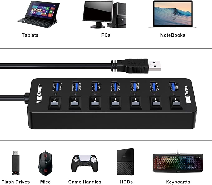 Powered USB Hub 3.0, VEMONT 7 Ports Multi USB hubs and 1 USB Smart Charging Port - Image 5