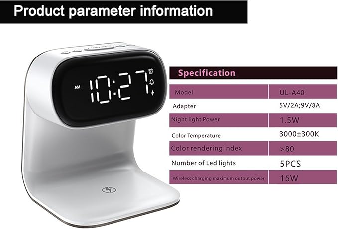 Wireless Charger Alarm Clock, Featuring Wireless Charging, 3-Level Lighting - Image 7