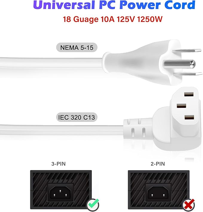 Adoreen 10 Ft Computer TV Replacement Power Cord White, 90 Degree Angled - Image 4