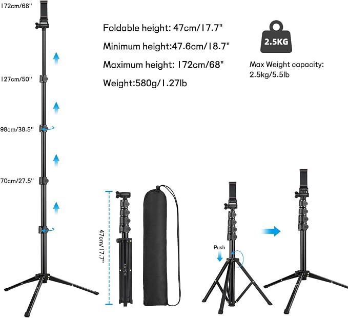 Victiv 68 inch/ 173cm Phone Tripod Stand, Selfie Stick Tripod - Image 7