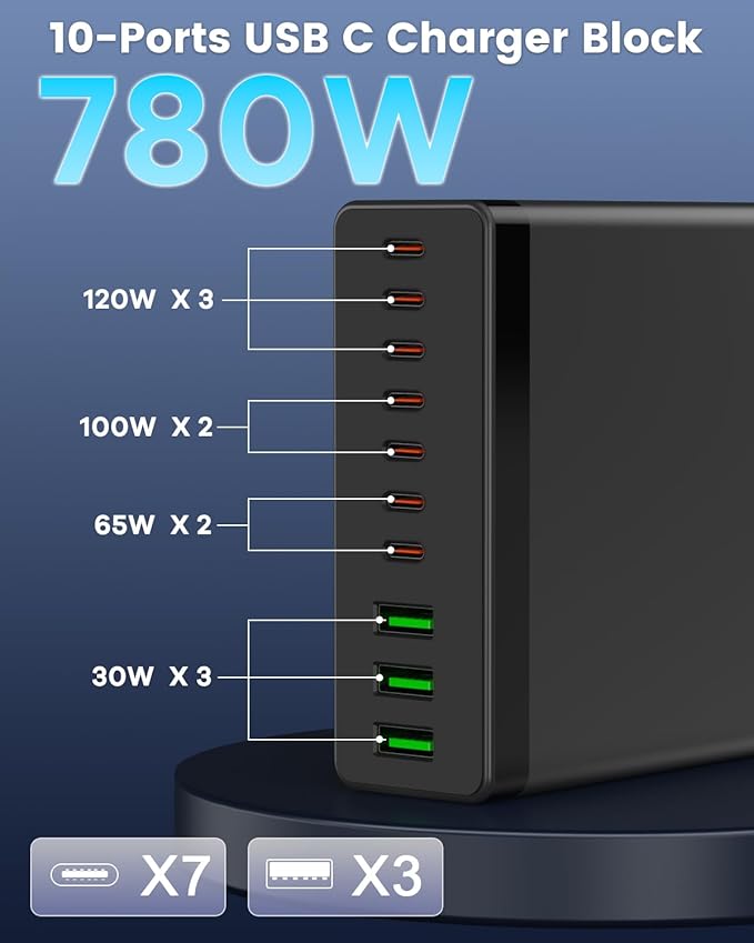 USB C Charger Block, 780W 10 Port Charging Station USB Charger Block Double - Image 3