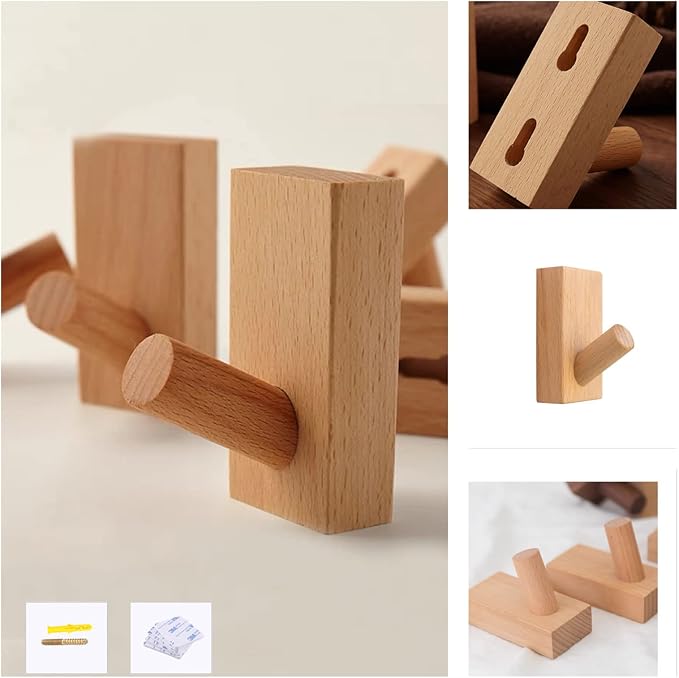 HomeDo 8Pack Adhesive Wall Hooks Hat Rack, Wooden Coat Hooks Wall Mounted - Image 2