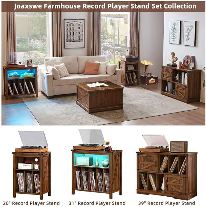 Large Record Player Stand with Charging Station & LED Lights, Vinyl Records - Image 5