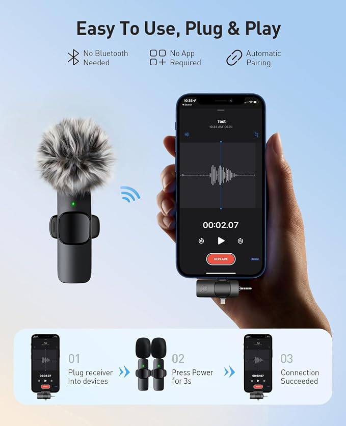 3-in-1 Mini Microphone for iPhone: Wireless Lavalier Microphones for - Image 2