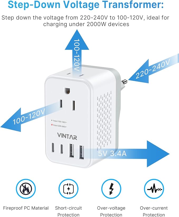 220V to 110V Travel Voltage Converter US to Europe, VINTAR 2000W Foldable - Image 2