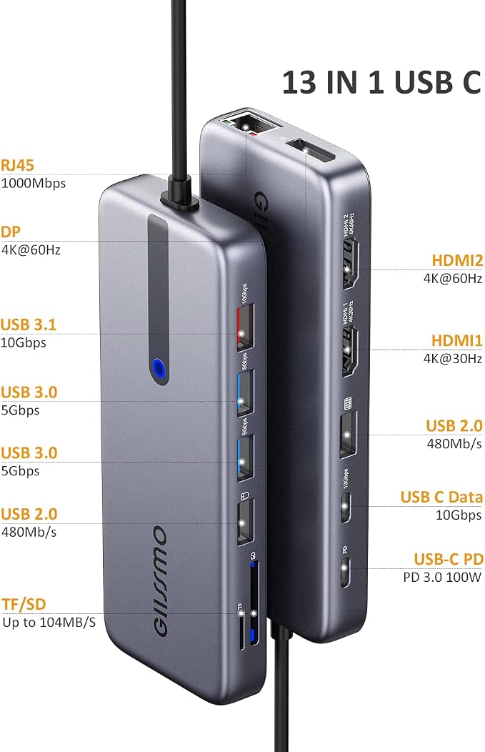 USB C Laptop Docking Station, 13 in 1 Docking Station Dual/Triple Monitor Hub - Image 2
