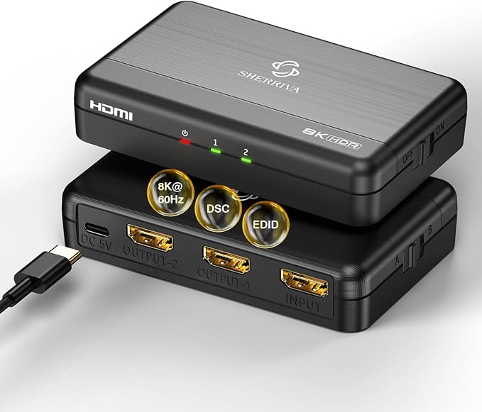 8K HDMI Splitter 1x2 – 1 in 2 Out, HDCP 2.3, Auto Downscaling, Duplicate/Mirror by SHERRIVA