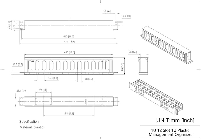 2 Pack 1U 12 Slot Horizontal Rack Mount Cable Management Organizer Plastic 19" - Image 4