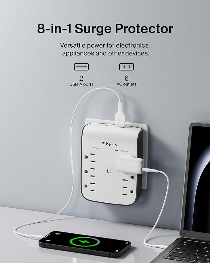 Belkin 6-Outlet Wall Surge Protector w/ 2 USB-A Ports, Wall-Mountable Surge - Image 2