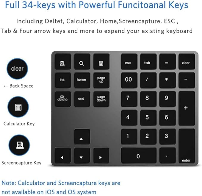 Bluetooth Number Pad, Wireless Numeric Keypad, USB-C Rechargeable External - Image 3