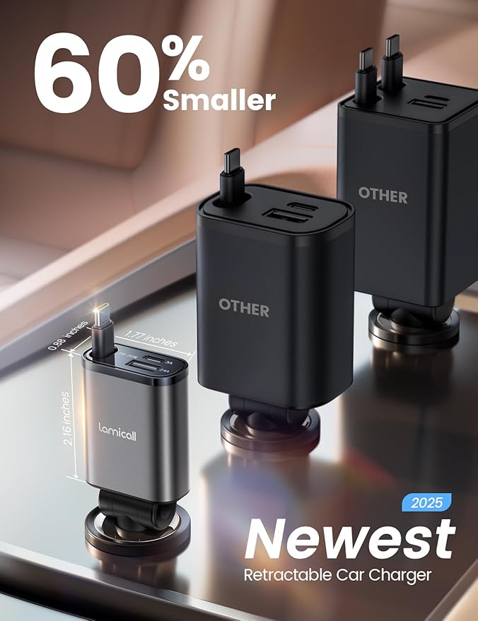 Lamicall Retractable Car Charger USB C Fast Charging 57W Type C Car Phone - Image 2