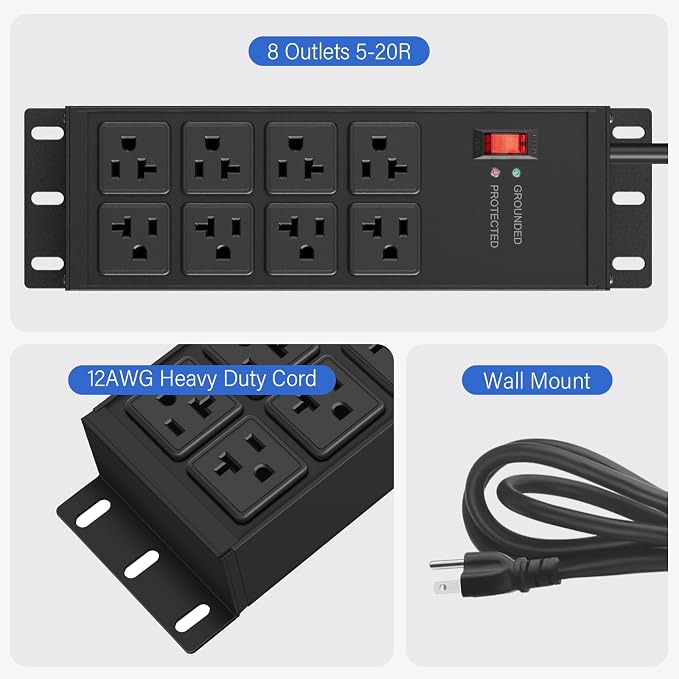 CCCEI Black Heavy Duty Power Strip Surge Protector 20 AMP, 8 Outlets 12 Gauge - Image 6