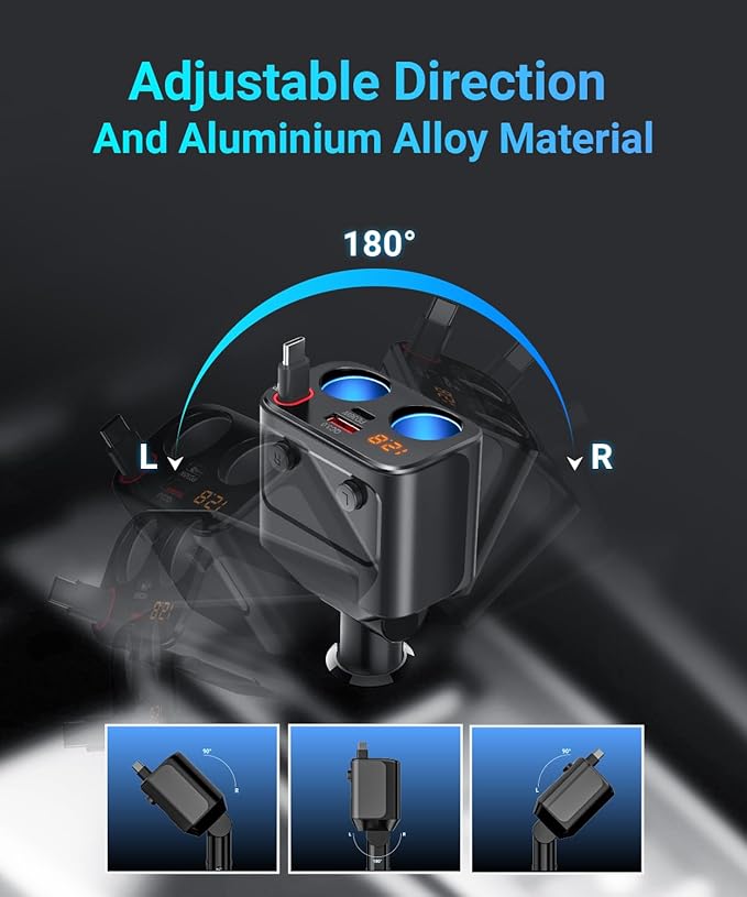 180W Retractable Car Charger Cigarette Lighter Splitter, 5 in 1 USB Fast Car - Image 4