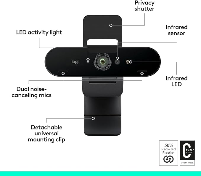 Logitech Brio 4K Webcam, Video Calling, Noise-Cancelling mic, HD Auto Light - Image 8