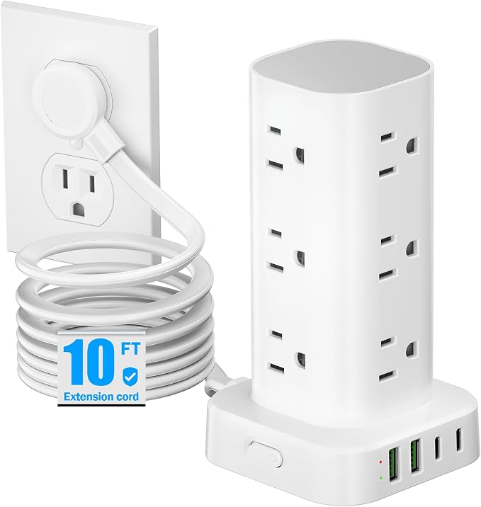 Flat Plug Power Strip Tower Surge Protector, 10FT Flat Extension Cord by Unknown