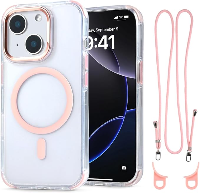 for iPhone 15 Case with 62.99 inch Lanyard, Classic Clear&Pink Magnetic Phone by QATYYY