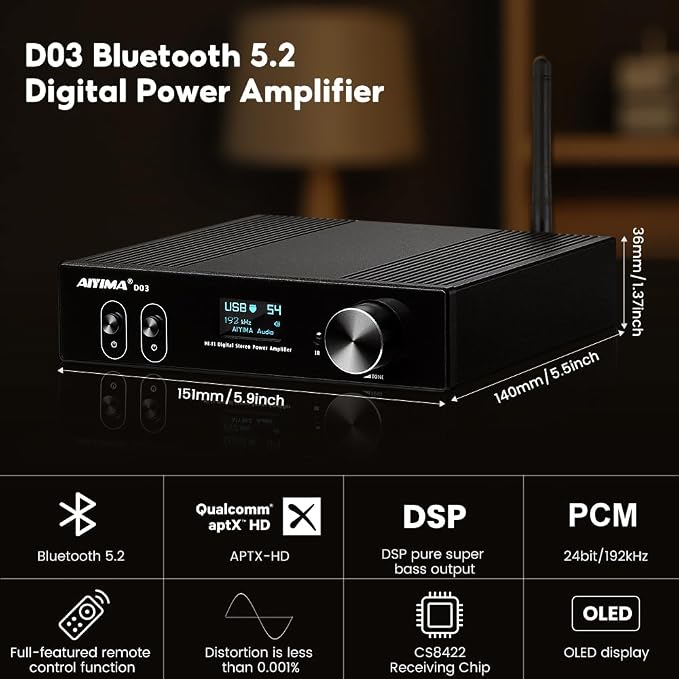 AIYIMA D03 Bluetooth 5.0 DAC Amplifier 150 Watt x 2 Stereo HiFi 2.1 CH Digital - Image 3