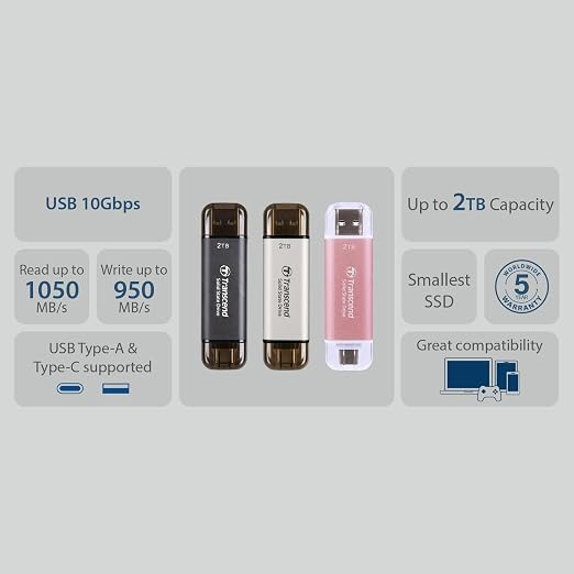 Transcend 1TB External SSD, USB 3.2 Gen 2 Portable SSD, 2-in-1 Type C &Type A - Image 5