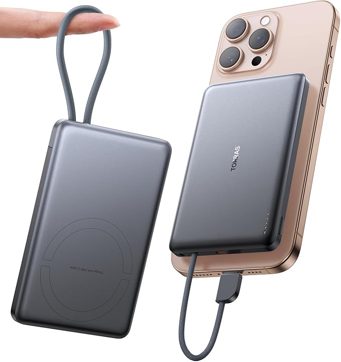 TORRAS Power Bank with Built-in USB-C Cable, Ultra-Slim 10, 000mAh Portable by TORRAS