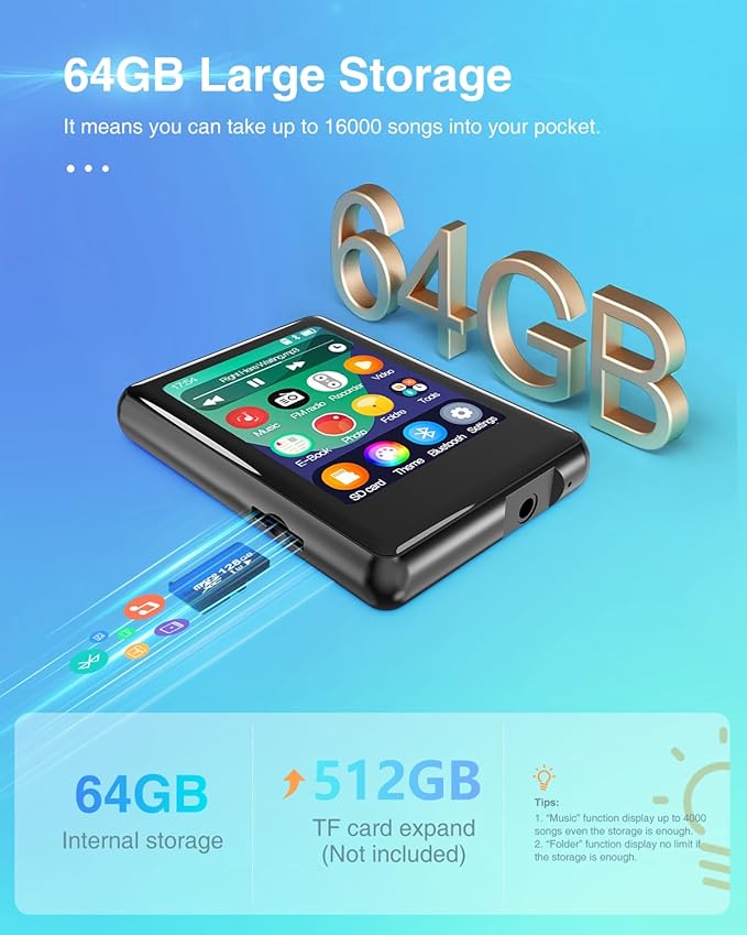 64GB MP3 Player with Bluetooth 5.3, Full Touch Screen Mp3 Music Player Built-in - Image 5