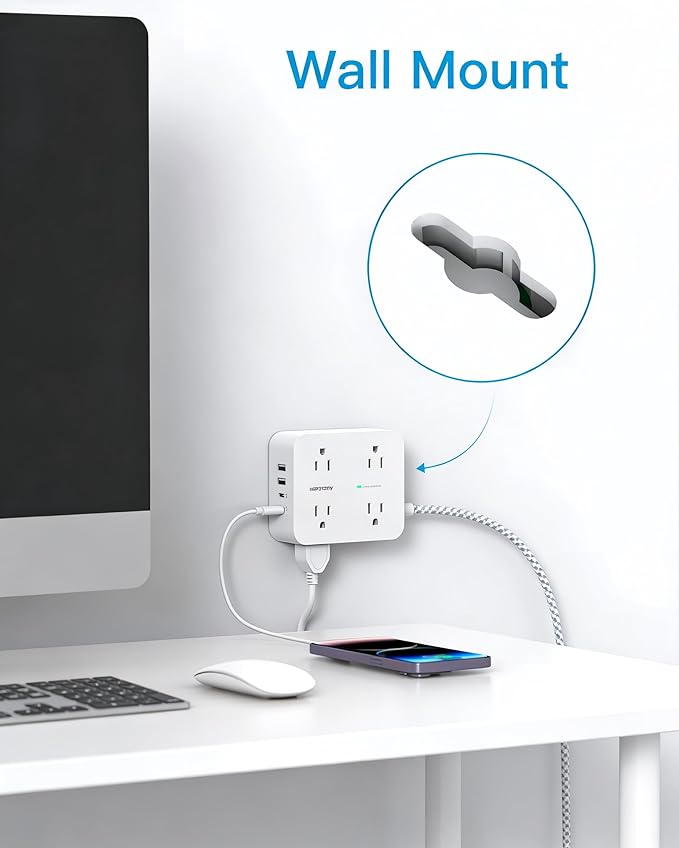 PD 30W USB C Power Strip Surge Protecor, HANYCONY 8 Outlets 4 USB, 1080J Desk - Image 7