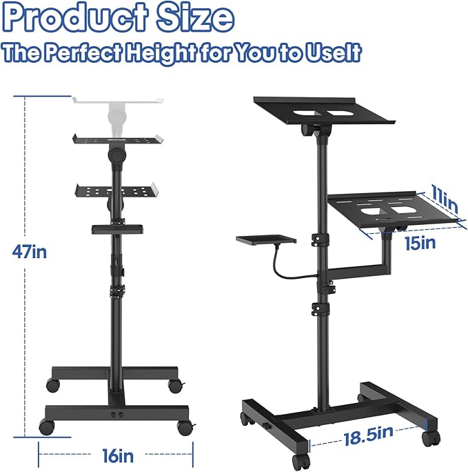 2 Shelves Mobile Projector Stand, Rolling Laptop Stand Adjustable Height to 47 - Image 3