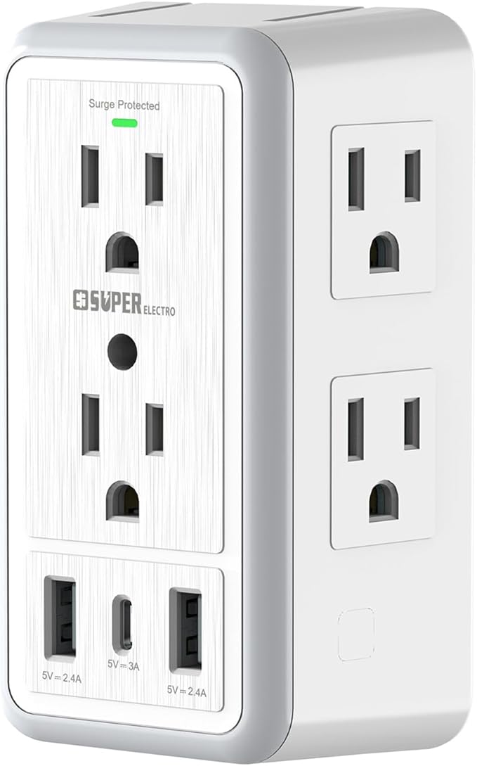 USB Wall Charger Surge Protector, Super Electro 6 Outlet Extender by Super+Electro