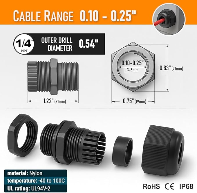 MGI SpeedWare 1/4" NPT Strain Relief Nylon Cord Grip Cable Glands - Image 6