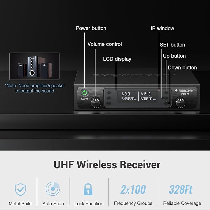 Phenyx Pro Dual UHF Wireless Microphone System，Auto-Scan Cordless Mic Set w/ - Image 3