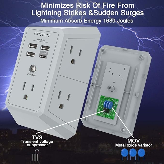 USB Wall Charger, Surge Protector, QINLIANF 5 Outlet Extender - Image 6