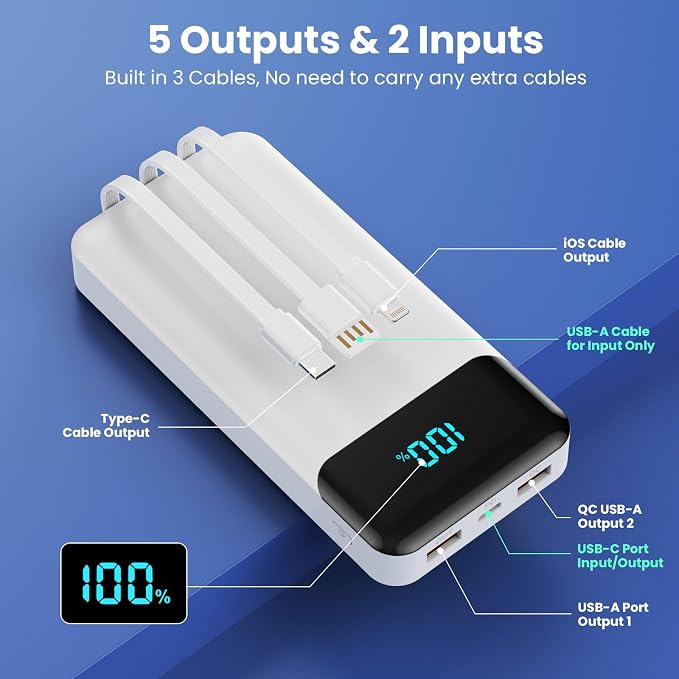 Portable Charger 40800mAh with 3 Built-in Cables, PD 25W USB C in&Out Power - Image 2