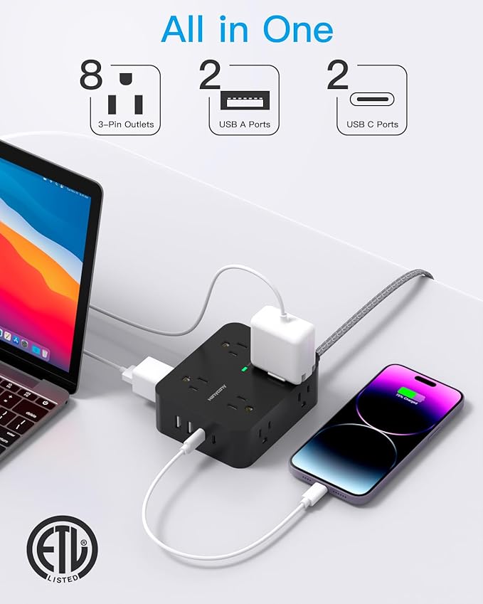 Power Strip Surge Protector 10 Ft Cord, HANYCONY Extension Cord Flat Plug - Image 2