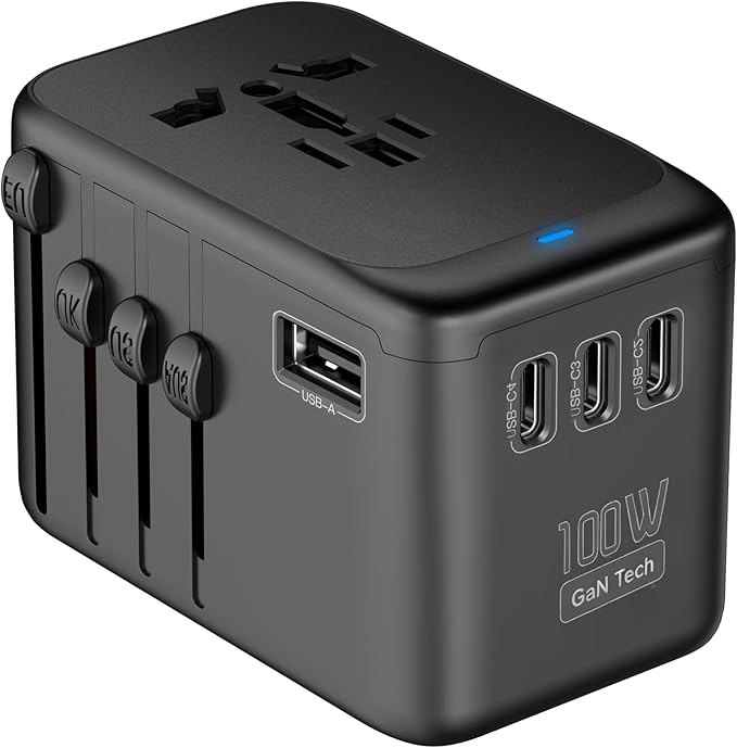 JMFONE GaN 100W Universal Travel Adapter, 5 USB Ports & 2500W AC Socket by JMFONE