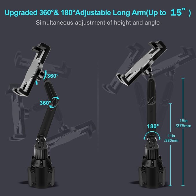 Cup Holder Car Tablet Mount for Truck, 360° Adjustable 15" Long 2-Arm Stand - Image 4
