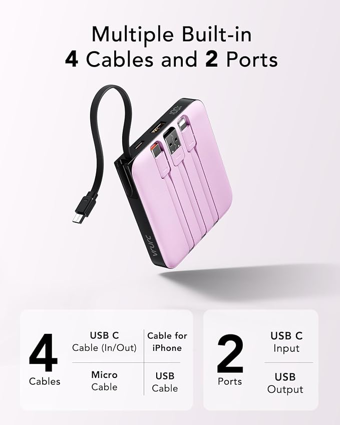 VRURC Portable Charger with Built-in Cable, 10000mAh Power Bank, 22.5W/PD20W - Image 6