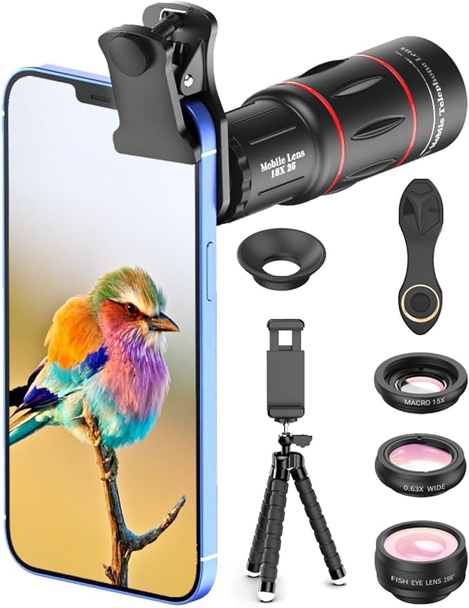 APEXEL 4 in 1 Phone Photography Kit, 18X Telephoto Lens, 198° Fisheye Lens by Apexel