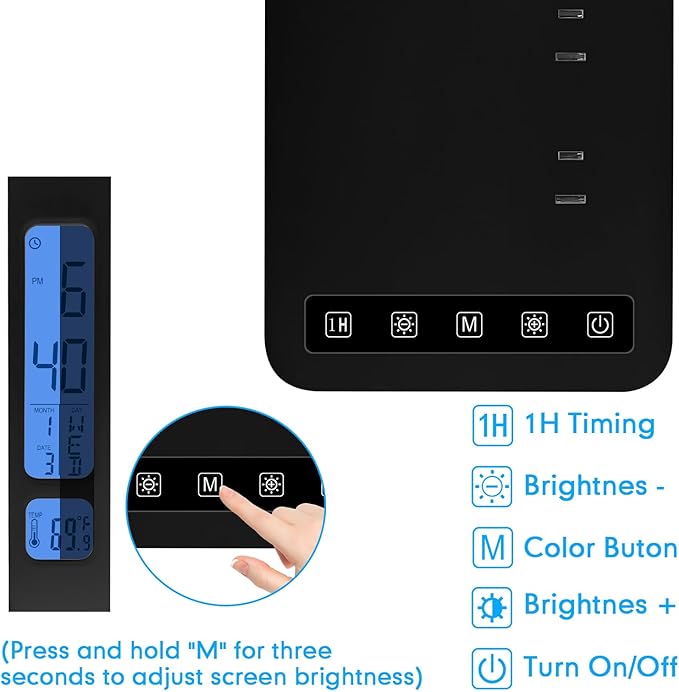 Smart Desk Lamp with Dual USB Charging & 2 AC Outlets, Digital Clock, - Image 7