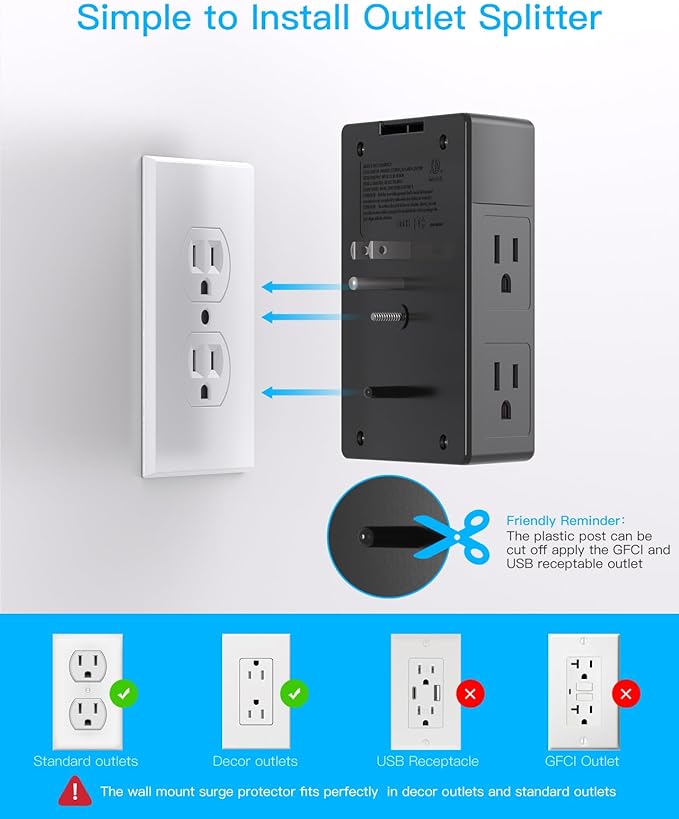 One Beat Surge Protector Wall Outlet Extender, 2 Pack 5 Outlets & 4 USB Ports - Image 3