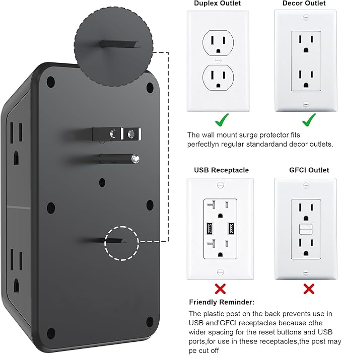 2 Pack Multi Plug Wall Outlet Extender Surge Protector 6 AC Outlet Splitter - Image 7