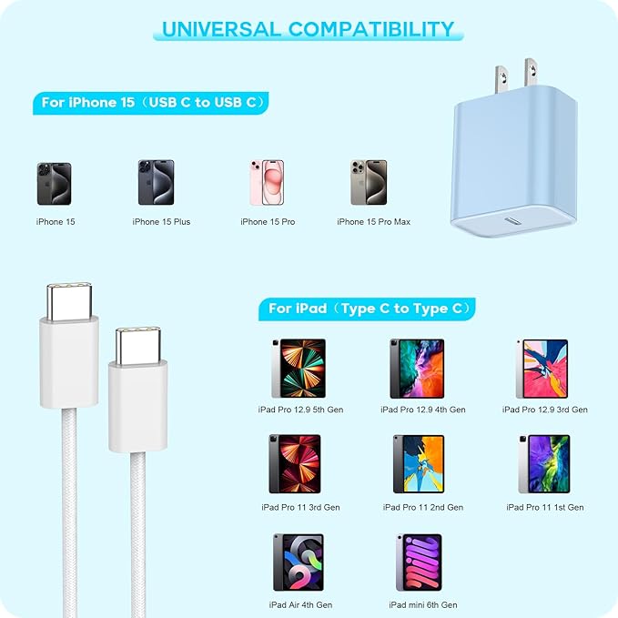 【Apple MFi Certified】20W USB C Fast Charger iPhone 16 15 Charge Block 3Pack 6 - Image 2