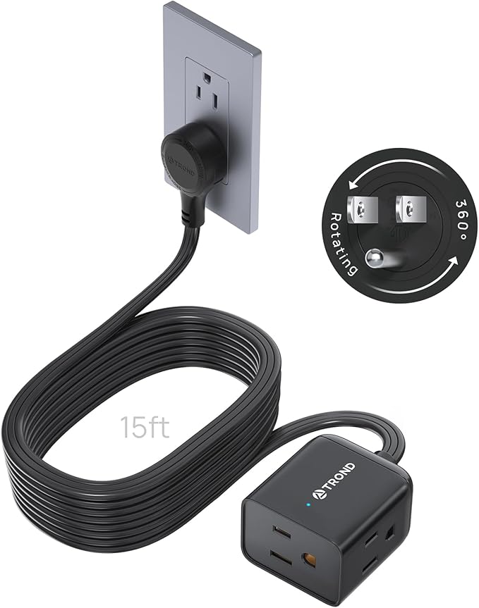 TROND 360° Rotating Flat Plug Extension Cord 15ft, Low Profile Small Power Strip by TRONDOfficial