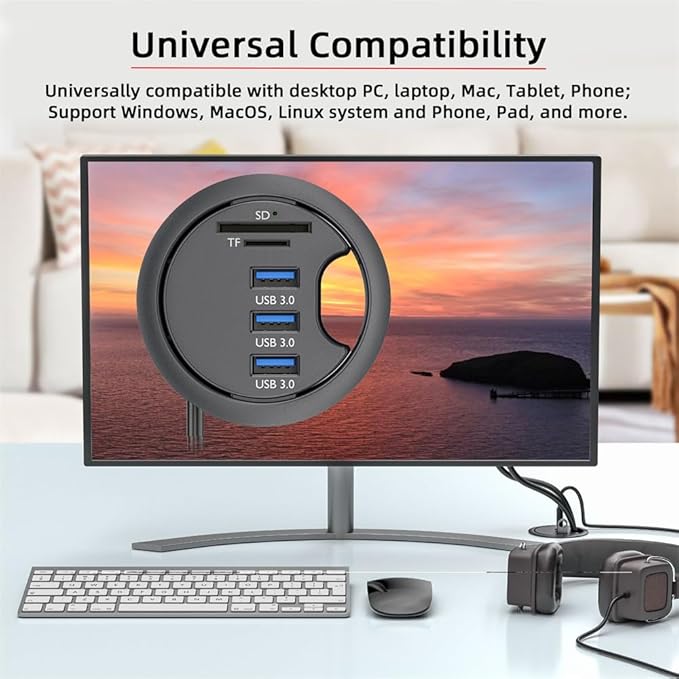 USB 3.0 Hub SD TF 3 Port USB 60mm Desk Grommet Splitter Dock Station Micro-SD - Image 8
