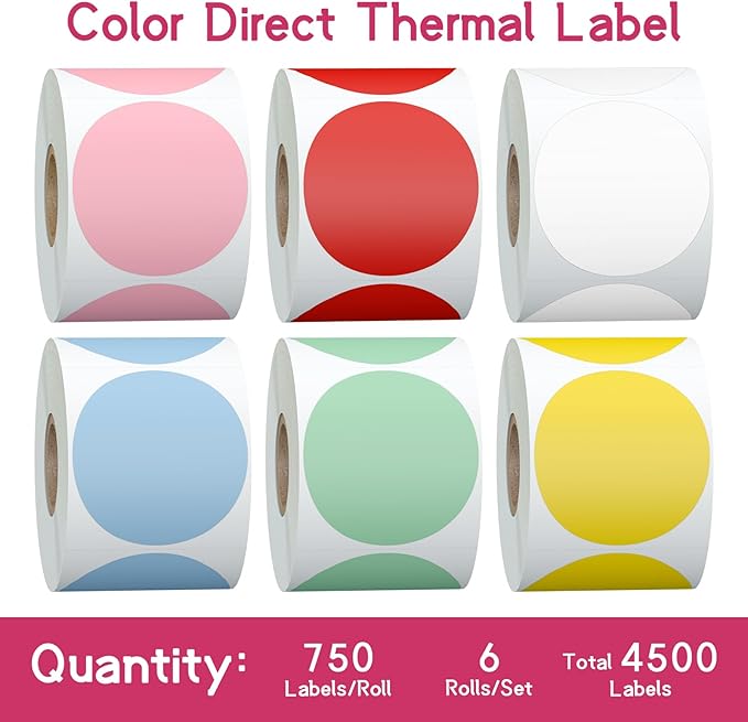 6 Rolls 2 Inch 6-Color Assorted Circle Direct Thermal Stickers Labels, - Image 3