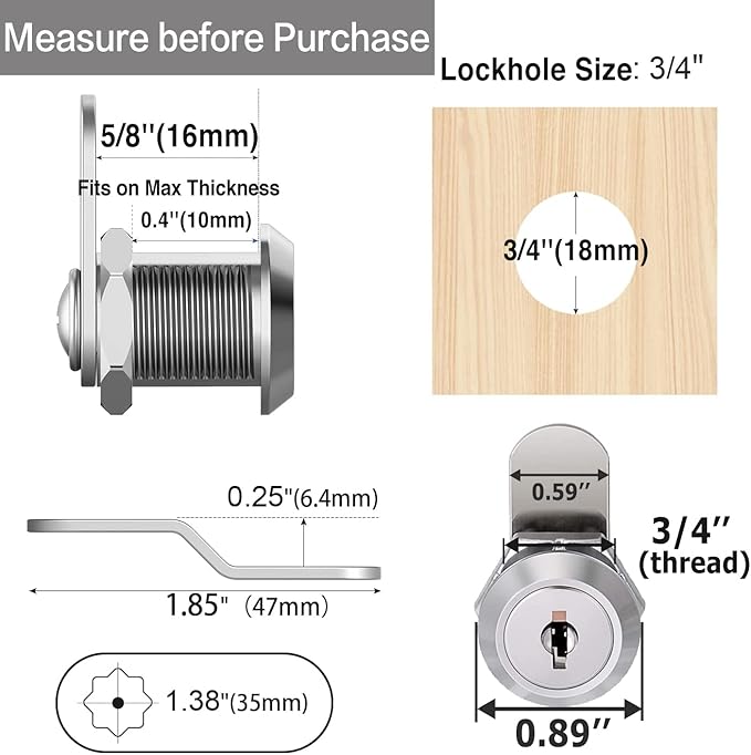 Cabinet Cam Locks Keyed Alike, 5/8'' Fits on 3/8'' Max Door Thickness, Secure - Image 3